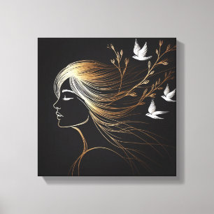 Lienzo Línea Artística Femenina con Aves y Ramas Doradas