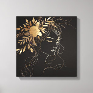Lienzo Línea Artística Femenina Dorada con Corona Floral 