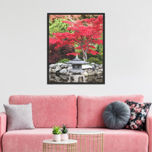 Lienzo Linterna de jardín japonés y hojas de arce rojas