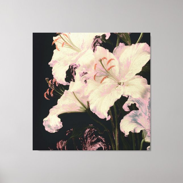 Lienzo Lirios Blancos Elegantes sobre Fondo Negro Floral (Anverso)