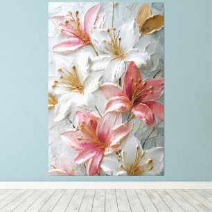 Lienzo Lirios blancos y rosados con textura dorada abstra