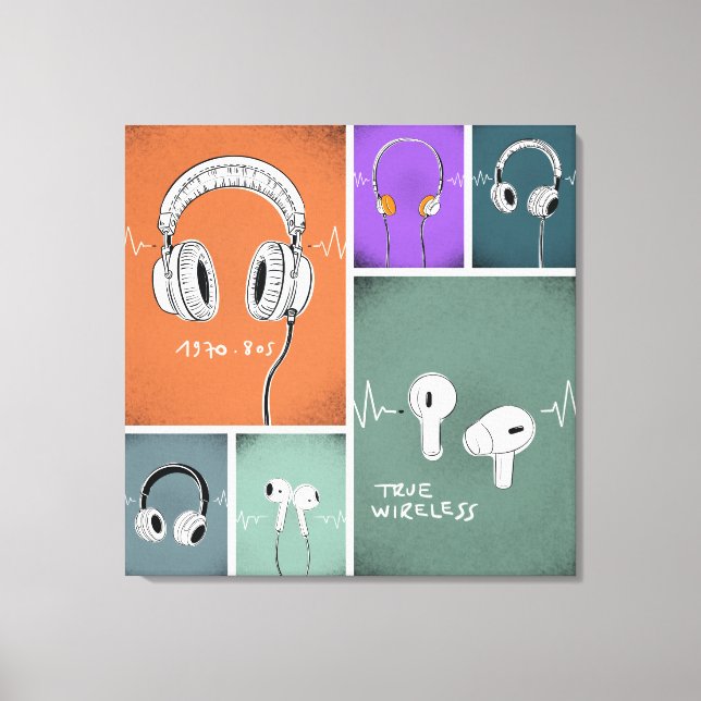 Lienzo Listening Through Time – Headphones Evolution (Anverso)