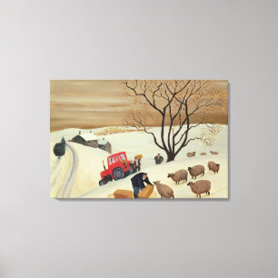 Lienzo Llevando heno a la oveja por tractor