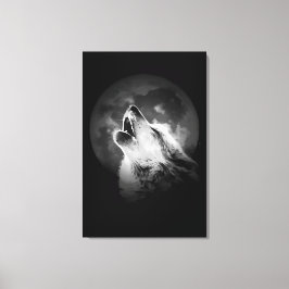 Lienzo Lobo aullador negro y blanco y luna