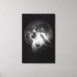 Lienzo Lobo aullador negro y blanco y luna