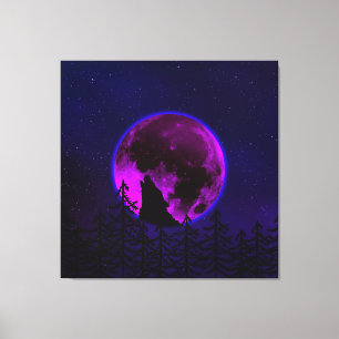 LIENZO LOBO AULLANDO LUNA MAGENTA