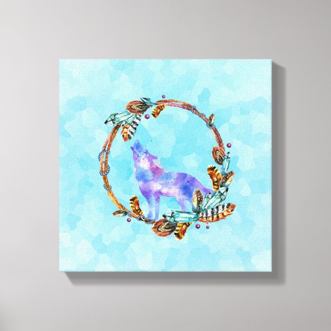 Lienzo Lobo color de agua morado con una corona de boho (Anverso)