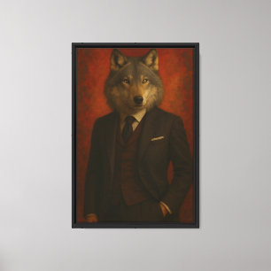 Lienzo Lobo con retrato enmarcado de tela en pared