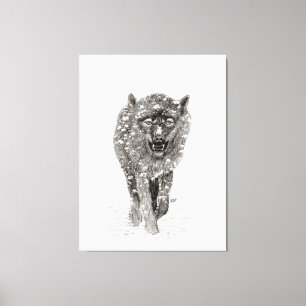 Lienzo Lobo negro enojado en la nieve, invierno salvaje