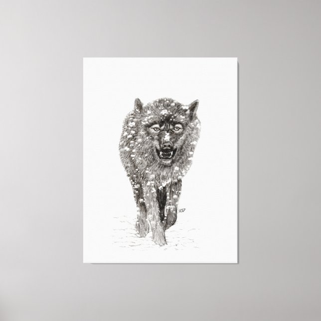 Lienzo Lobo negro enojado en la nieve, invierno salvaje (Anverso)