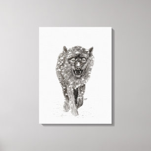Lienzo Lobo negro enojado en la nieve, invierno salvaje