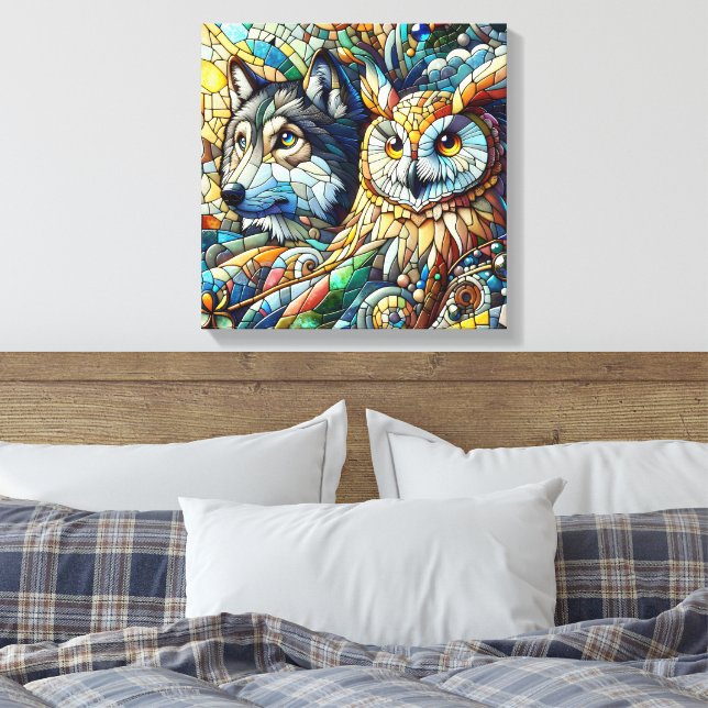Lienzo Lobo y búho de mosaico (Insitu(Dormitorio))
