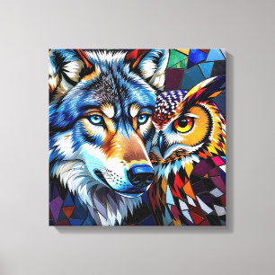 Lienzo Lobo y Búho Vibrante y Colorido