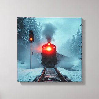 Lienzo "Locomotora de Vapor en Bosque Invernal Nevado"