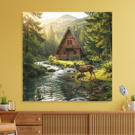 Lienzo Log Cabin, Stream, Mountains and Deer Nature Art