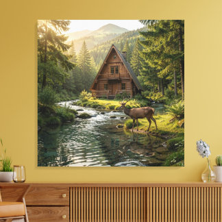 Lienzo Log Cabin, Stream, Mountains and Deer Nature Art