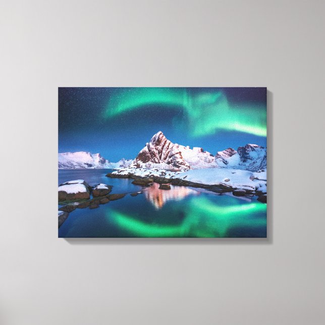 Lienzo Luces boreales y montañas cubiertas de nieve (Anverso)