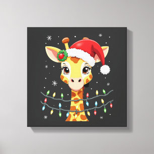 Lienzo Luces de Navidad de Jirafa Lindo Sombrero de Santa