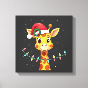 Lienzo Luces de Navidad de Jirafa Lindo Sombrero de Santa