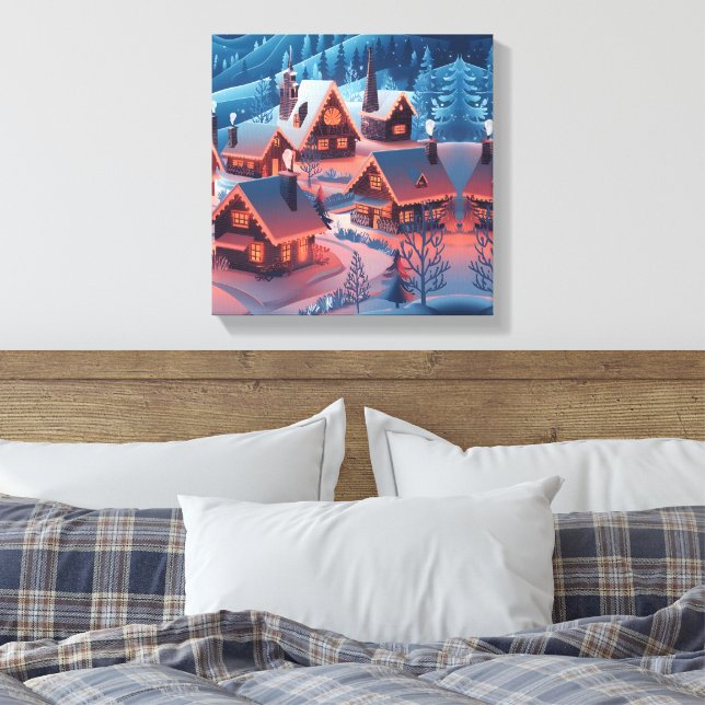 Lienzo Luces de Navidad decoraron la aldea cubierta de ni (Insitu(Dormitorio))