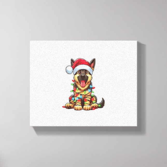 Lienzo Luces de Navidad Perro Pastor Alemán Gorro de Sant (Anverso)