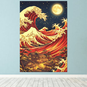 Lienzo Luna Carmesí Sobre la Costa Japonesa – Estilo Ukiy