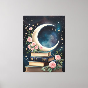 Lienzo Luna, estrellas, Rosas y libros