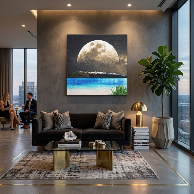 Lienzo Luna Llena Dorada Luminosa Playa Tropical Turquesa (Luminous Golden Full Moon Tropical Turquoise Beach Canvas Print)