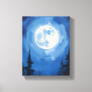 Lienzo Luna Llena   Pintura Acuarela Bosque Cielo Nocturn