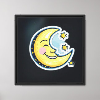 Lienzo Luna Media Sonriente y Estrellas Dibujo Animado Ca