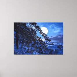 Lienzo Luna sobre un árbol de abetos nevado y costa marin