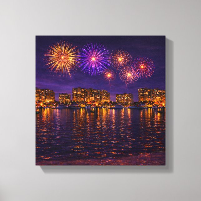 Lienzo Luxury Waterfront Fireworks Night Canvas Wall Art  (Anverso)