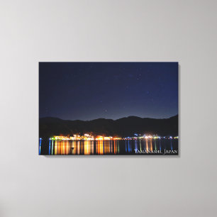 Lienzo Luz de la ciudad junto al lago Noche Cielo Montaña