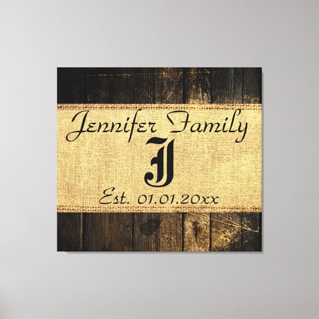 Lienzo Madera de Vintage Aspecto Rústico Burlap Monograma (Anverso)