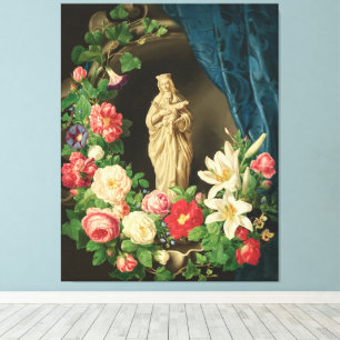 Lienzo Madonna con niño en roleos florales de rosas