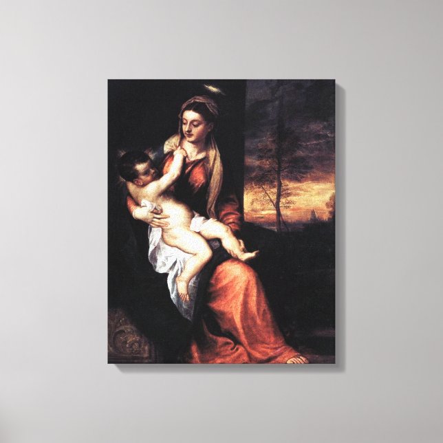 Lienzo Madonna y niño en un paisaje nocturno - Tiziano (Anverso)