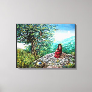 Lienzo MAGIC TREE / Amanecer en bosque verde y dama en ro