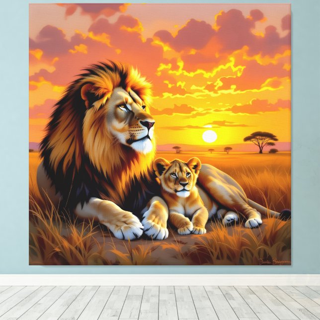 Lienzo Majestätische Löwenfamilie  (Insitu (piso de madera))
