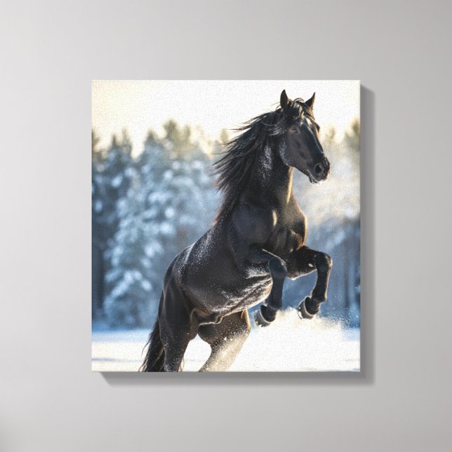 Lienzo Majestic Black Stallion in Winter Snow  (Anverso)