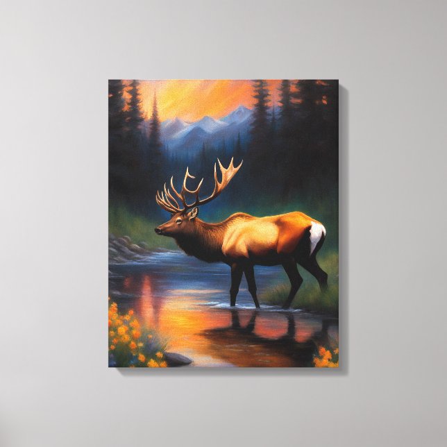 Lienzo Majestic Elk Standing Mountain Steam Painting (Anverso)