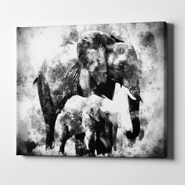 Lienzo Majestuosa Elefanta Africana con Cría B&N (Majestic Female African Elephant with Calf B&W. Canvas Print)
