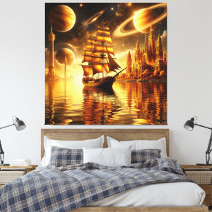 Lienzo Majestuoso barco a vela bajo un cielo dorado