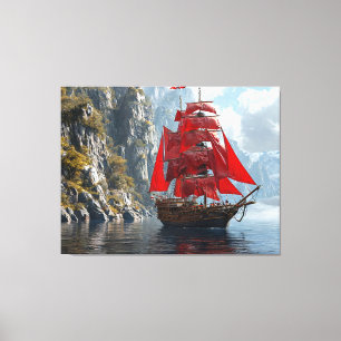 Lienzo Majestuoso barco con velas rojas cerca de la escar