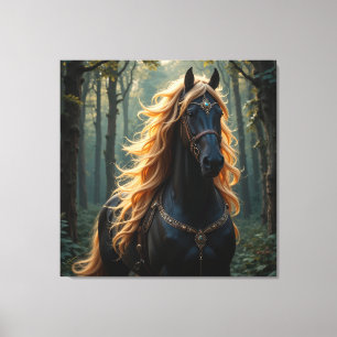 Lienzo Majestuoso caballo negro con crin fluyente
