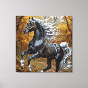 Lienzo Majestuoso caballo negro en un bosque de otoño