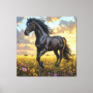 Lienzo Majestuoso caballo negro galopando a través de una