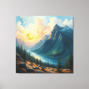 Lienzo Majestuoso paisaje montañoso con atardecer y río