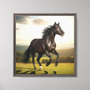 Lienzo Majestuoso Semental Negro Corriendo al Atardecer –