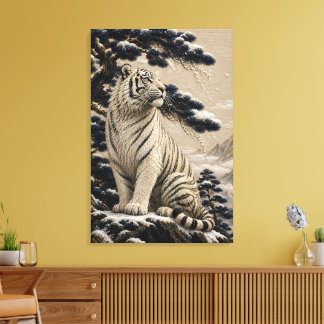 Lienzo Majestuoso Tigre Blanco en Montañas Nevadas – Pino