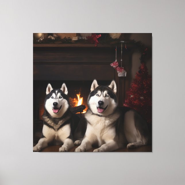 Lienzo Malamute de Alaska junto a la chimenea Navidad (Anverso)